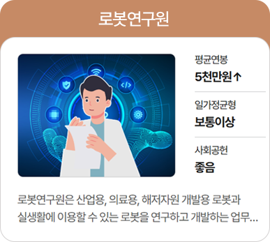 로봇연구원, 평균연봉 : 5천만원 이상, 일가정균형 : 보통이상, 사회공헌 : 좋음,
                                                                        로봇연구원은 산업용, 의료용 해저자원 개발용 로봇과 실생활에 이용할 수 있는 로봇을 연구하고 개발하는 업무...